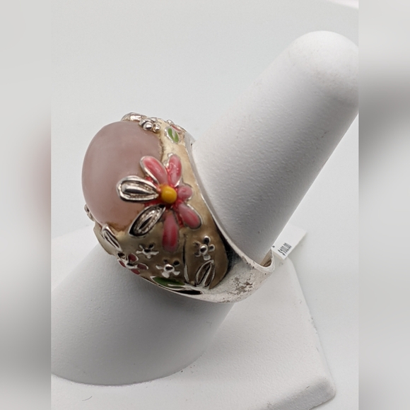 David Sigal Sterling Silver Rose Quartz Enamel Ring - Picture 2 of 6